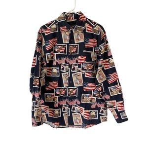 Cotton Traders Sport USA Shirt Blue Flag Print Long Sleeve Button Up Mens Size M